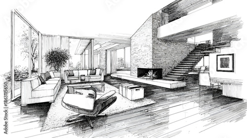Modern luxury living room interior design sketch. Architectural drawing of a contemporary home with fireplace, stairs, and large windows.