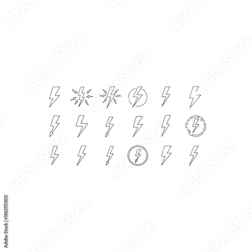 Collection of lightning bolts isolated on transparent background