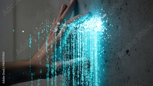 Hand touching digital data stream on concrete wall with code