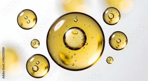 Liquid golden oil drops with small air bubbles, representing cosmetic serum or essential oil