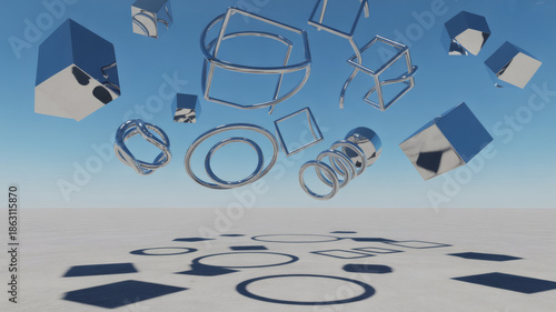 Abstract geometric shapes cubes rings and springs floating in bright sky over flat surface
