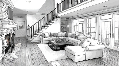 Architectural sketch of a modern luxury living room interior with fireplace, large sofa, and elegant staircase design. Home renovation concept.