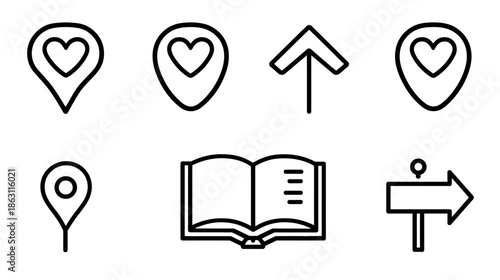 Set of Navigation, Location, and Directional Line Icons Including Map Pins with Hearts, Upward Arrow, and Open Book