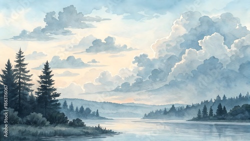 Feathered Cloud and Pale Sky Seamless Watercolor Background