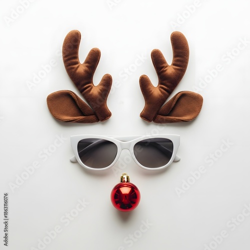 Reindeer face with antlers, white sunglasses, red bauble, flat lay isolated on white background