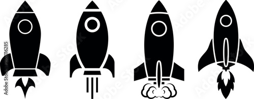 A collection of black silhouette rocket icons illustrating different launch methods on a white background
