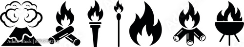 A set of black and white icons showing different sources of fire and heat
