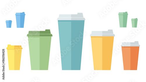 Assortment of Flat Design To Go Beverage Containers in Various Sizes and Colors