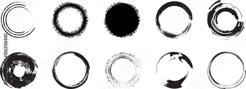 Ten black ink circle frames and brush strokes in grunge style isolated on white background