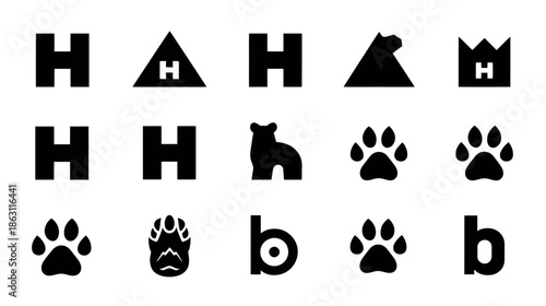 Collection of black and white vector icons featuring letters H and b, bear silhouettes, paw prints, and abstract shapes, ideal for logos and branding.