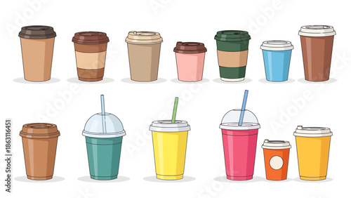 Assortment of Disposable Beverage Cups with Lids and Straws for Hot and Cold Drinks