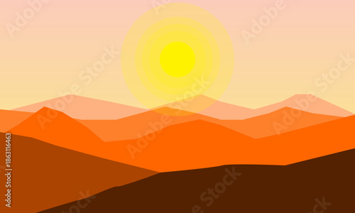A serene landscape illustration features mountains in shades of orange and brown under a light sky with a bright sun. The image creates a peaceful and minimalist scene.