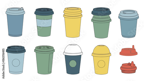 Collection of Disposable Coffee Cups and Lids in Various Colors and Designs