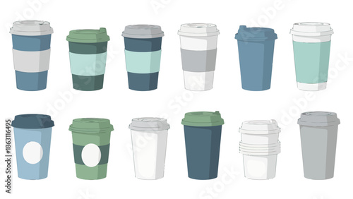 Collection of Disposable Paper Coffee Cups with Lids Various Designs and Colors