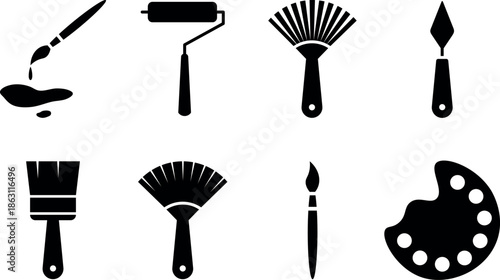 A collection of painting and art supplies icons including brushes, palette, and roller
