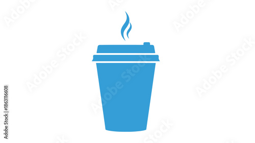 Steaming Blue Disposable Coffee Cup Icon with Lid and Aroma Swirl
