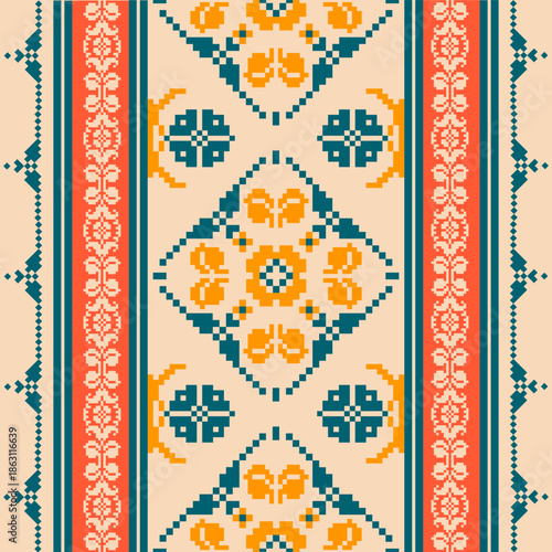 Seamless geometric pattern . pixel pattern. Design for clothing fabric textile ornamentation embroidery Hand stitched pattern . cultural stitching pixel art , Cross stitch pattern