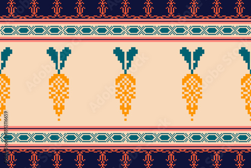 Seamless geometric pattern . pixel pattern. Design for clothing fabric textile ornamentation embroidery Hand stitched pattern . cultural stitching pixel art , Cross stitch pattern