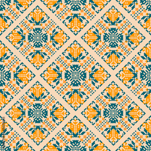 Seamless geometric pattern . pixel pattern. Design for clothing fabric textile ornamentation embroidery Hand stitched pattern . cultural stitching pixel art , Cross stitch pattern