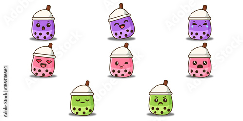 Cute Kawaii Colorful Fruit Bubble Tea Character Set with Various Expressions
