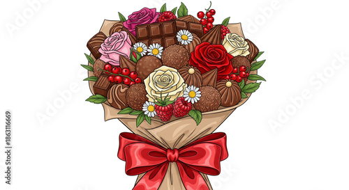 Romantic Chocolate Bouquet with Roses, Berries, and Truffles. Luxury Edible Gift for Valentine's Day, Anniversaries.