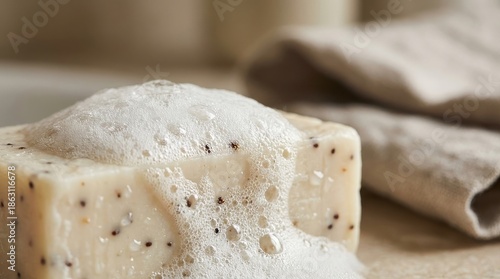 Natural handmade soap bar with creamy lather and bubbles