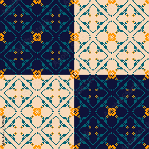 Seamless geometric pattern . pixel pattern. Design for clothing fabric textile ornamentation embroidery Hand stitched pattern . cultural stitching pixel art , Cross stitch pattern