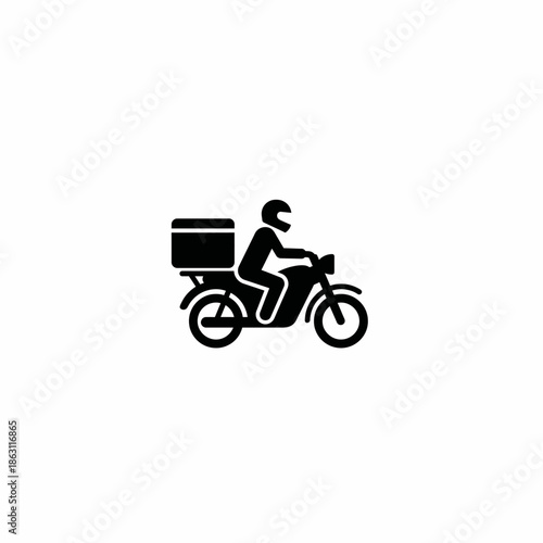 Black silhouette icon of a delivery person riding a motorcycle with a box on the back.