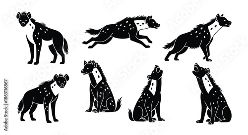 A collection of silhouettes depicting hyenas in varied poses and perspectives