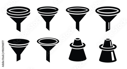Black and white illustration of funnels in varying orientations and arrangements