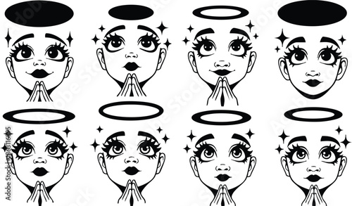 Line art sticker sheet of nine angelic faces looking forward with halo and praying hands close up variety of expressions black and white vector icons symmetrical