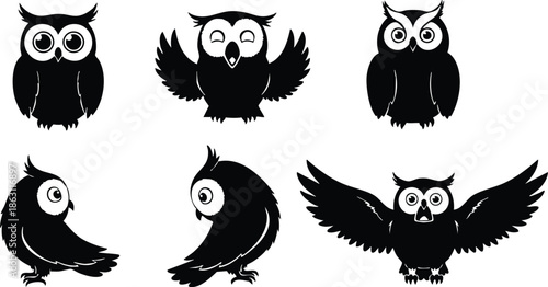 Flat design silhouette of six black owl icons showing flying perched head turning landing side profile and front view isolated on white background graphic vector