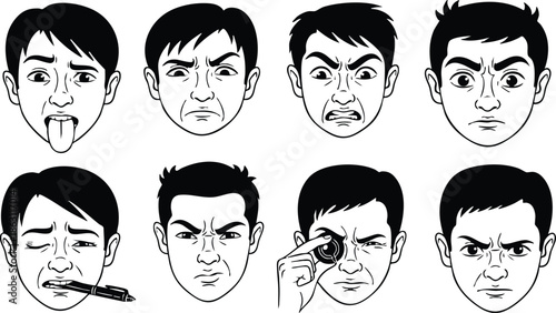 Manga style line art set of eight male headshots showing varied facial expressions including tongue out winking rubbing eye crying and angry front view monochrome comic