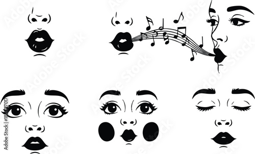 Line art close up six female face expressions set with singing mouth music notes winking smiling blushing closed eyes and neutral lips vector icon sheet collection