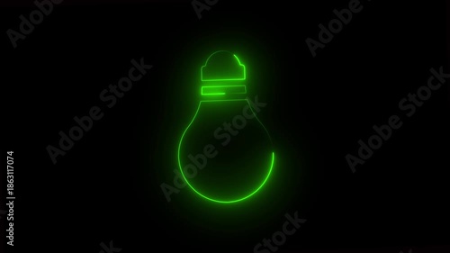 green Glowing Neon Light Bulb Icons Animation on Black Background – Colorful Idea and Innovation Concept, 4k video