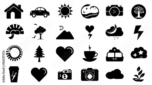 Diverse black silhouette icon set: nature, travel, weather, photography, love, home, car, coffee, and daily life symbols