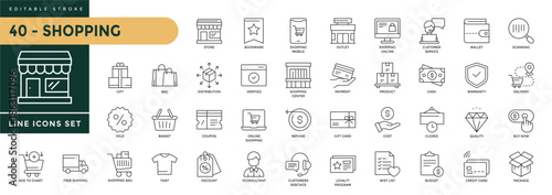 A collection Shopping of icons set with editable stroke, including store, bookmark, mobile, outlet, customer, scanning, closed, quality, buy now, package, budget, sale. Thin linear vector illustration