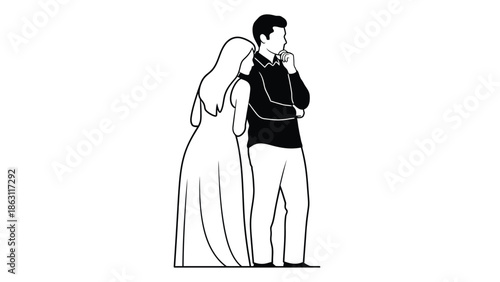 A black and white illustration depicts a couple a bride and groom in contemplation