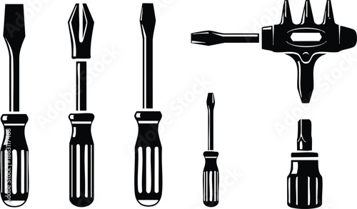 Flat design silhouette vector screwdriver set with t handle and assorted flathead phillips torx heads long shafts striped handles close up top view isolated monochrome background