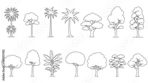 Variety of trees represented in a black and white line drawing silhouette