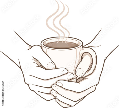 Minimalist Line Art of Hands Holding a Warm Cup of Coffee