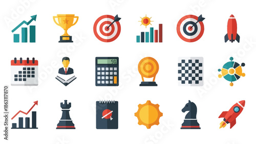 Collection of business icons representing success strategy growth and achievement in flat design