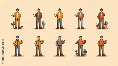 Diverse vector character set of casual young men, showing various outfits, poses, and positive gestures with desert plants.