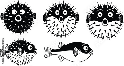 Line art playful pufferfish character set showing five expressive poses and views including inflated deflated side top front smiling surprised spiky silhouette simple black white retro