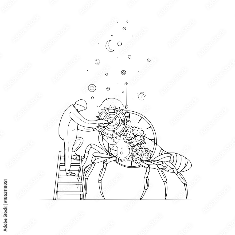 Fototapeta premium Illustration of a man on a ladder adjusting gears inside a mechanical spider with celestial elements above