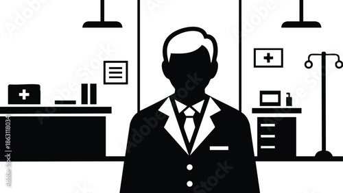 Flat design front view doctor silhouette wearing suit and tie standing in hospital room with medical equipment desk iv stand black and white high contrast portrait