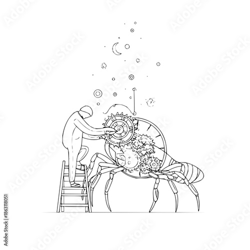 Illustration of a man on a ladder adjusting gears inside a mechanical spider with celestial elements above