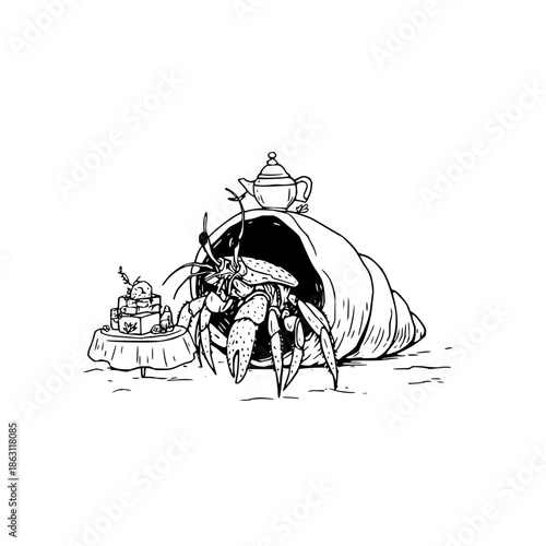 Hermit crab with a teapot on its shell and a cake on a table in a black and white line drawing