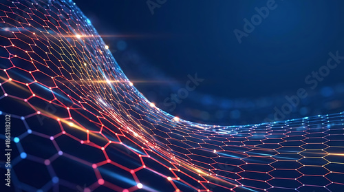 Close up of a glowing blue and orange digital hexagonal mesh structure representing neural networks and secure encrypted data transmission in a futuristic space