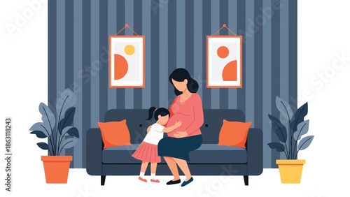 A loving mother and daughter share a tender moment on a comfortable sofa indoors